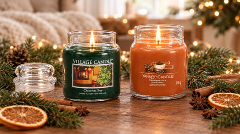 Village Candle Christmas Tree und Yankee Candle Cinnamon Stick mit Tannenzweigen und Orangen – Duftkerzen zu Weihnachten