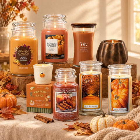 Herbst-Duftkerzen mit Kürbisduft von Yankee Candle, WoodWick, Kringle Candle, Village Candle und Paddywax