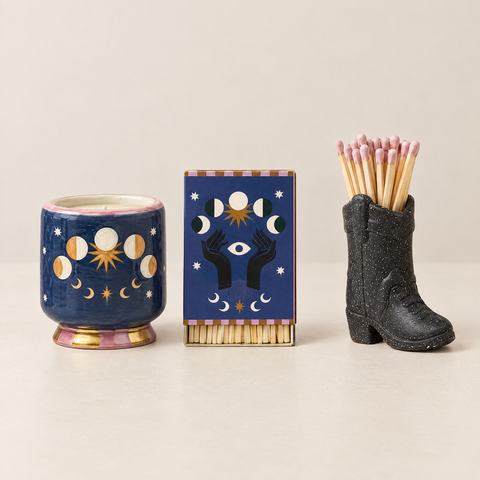 Paddywax Adopo Ritual-Trio Moon Phases – 3-teiliges Geschenkset: Duftkerze, Matches & Cowboy Boot