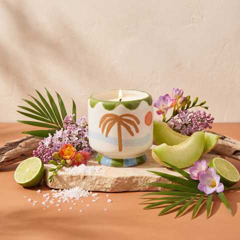 Paddywax Adopo Palm Tree – Lush Palms Keramik Duftkerze mit Duftzutaten: Meersalz, Honigmelone, Limette, Flieder, Freesie und Treibholz