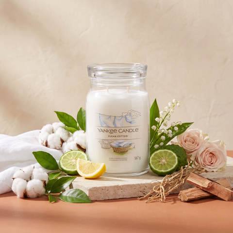 Yankee Candle Clean Cotton - Signature 2 Docht Duftkerze 567g mit Duftzutaten: Ozon, grüne Blätter, Bergamotte, Baumwolle, Maiglöckchen, Rose, Vetiver, Zeder, Moschus und holzige Noten