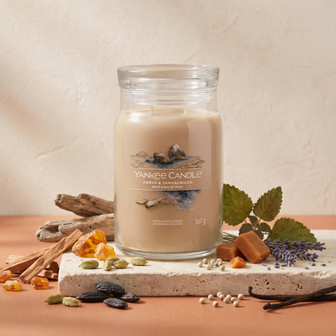 Yankee Candle Amber & Sandalwood - Signature 2 Docht Duftkerze - 567g mit Duftzutaten: Kardamom, Tonkabohne, weißer Pfeffer, Treibholz, Karamell, Lavendel, Patschuli, Vanille, Zedernholz und Sandelholz