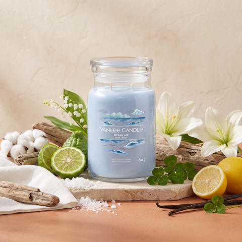 Yankee Candle Ocean Air - Signature 2 Docht Duftkerze - 567g mit Duftzutaten: frische Luft, Leinen, Bergamotte, Zitrone, Baumwollblüte, Maiglöckchen, Lilie, Klee, Moschus, Vanille und Zedernholz