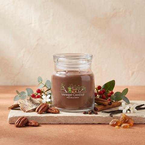 Yankee Candle Praline & Birch - Signature 2 Docht Duftkerze - 368g mit Duftzutaten: Zimt, Nelke, rote Beeren, Eukalyptus, Jasmin, Vanille, Pekannüsse, Amber und Birke