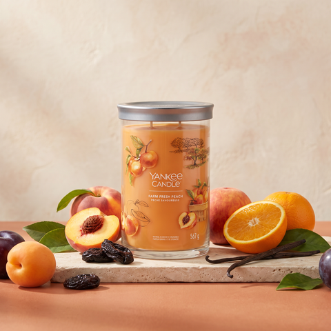 Yankee Candle Fram Fresh Peach - Signature 2 Docht Tumbler - 567 mit Duftzutaten: grüne Blätter, Aprikose, Orange, Pfirsich, Backpflaume, Pflaume, Vanille und Moschus