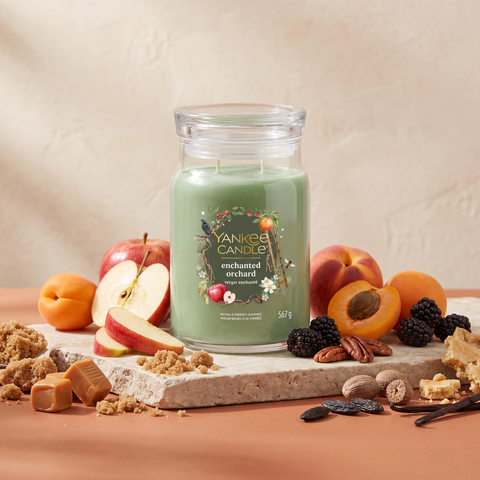 Yankee Candle Enchanted Orchard - Signature 2 Docht Duftkerze - 567g mit Duftzutaten: brauner Zucker, Karamell, Praline, Muskatnuss, Pekannuss, Apfel, Aprikose, Pfirsich, Brombeere, Kuchenkruste, Vanille und Tonkabohne