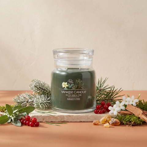 Yankee Candle Silver Sage & Pine - Signature 2 Docht Duftkerze - 368g mit Duftzutaten: Johannisbeere, Muskatellersalbei, Aldehyde, Kiefernnadel, Leder, Jasmin, Zedernholz, Bernstein und Moos